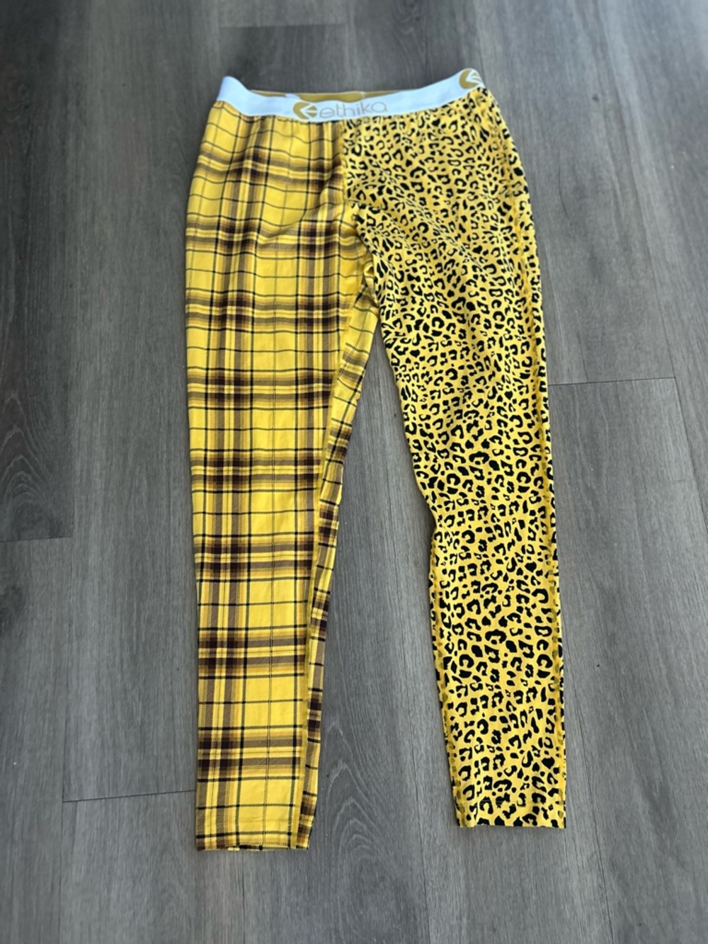 ethika Yellow Plaid and Leopard Print Kids Leggings